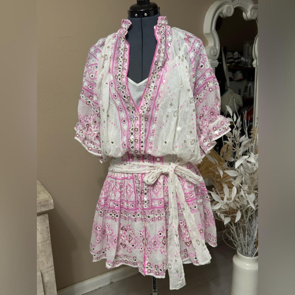 Juliet Dunn White and Pink Embroidered Mini Dress - Picture 3 of 17